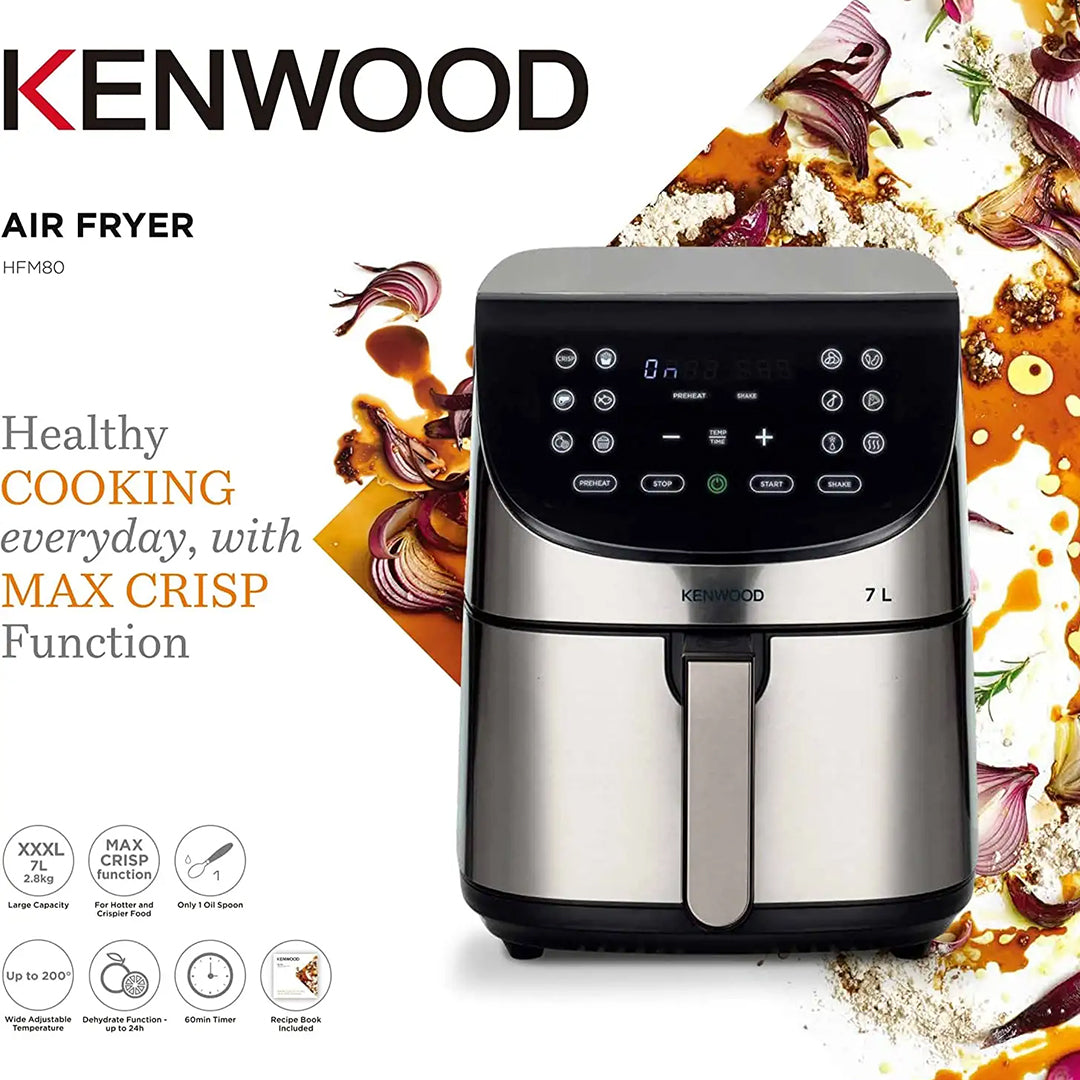 قلاية هوائية كينوود وات سعة 7 لتر فضي-أسود ‎–‎ Kenwood HFM80-000SS Air Fryer 1800W 7 L